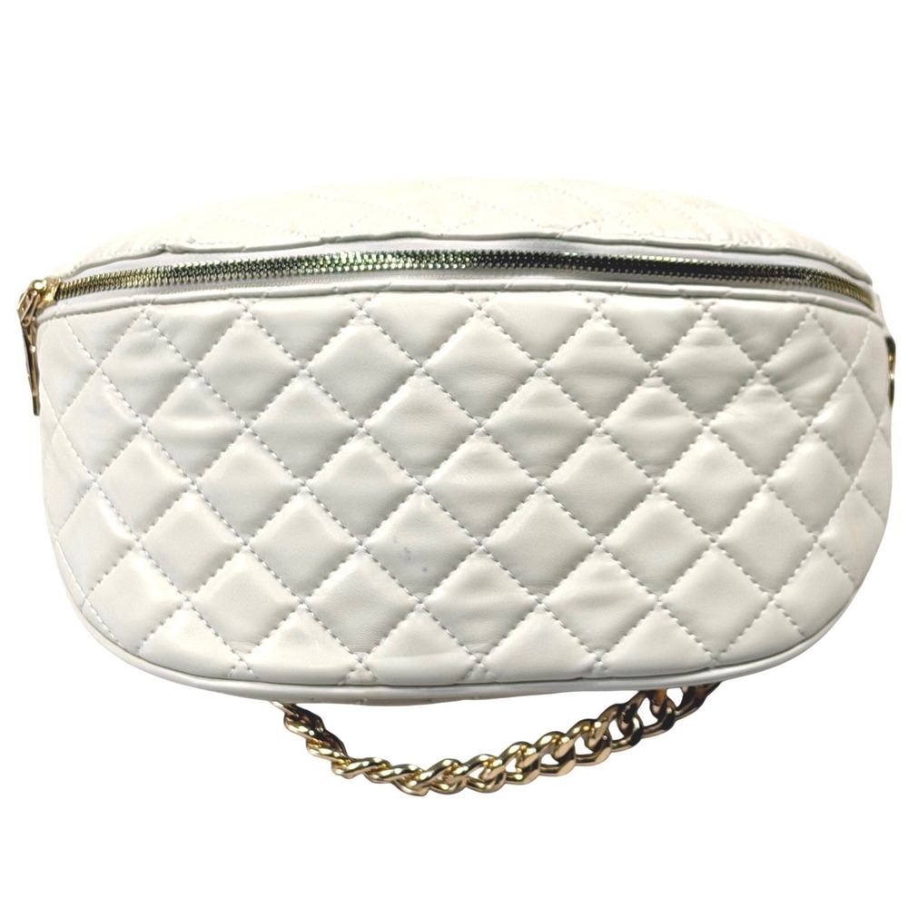 Jen & Co Ivory Quilted Vegan Leather Belt Bag Gold Chain Fanny Pack Streetwear